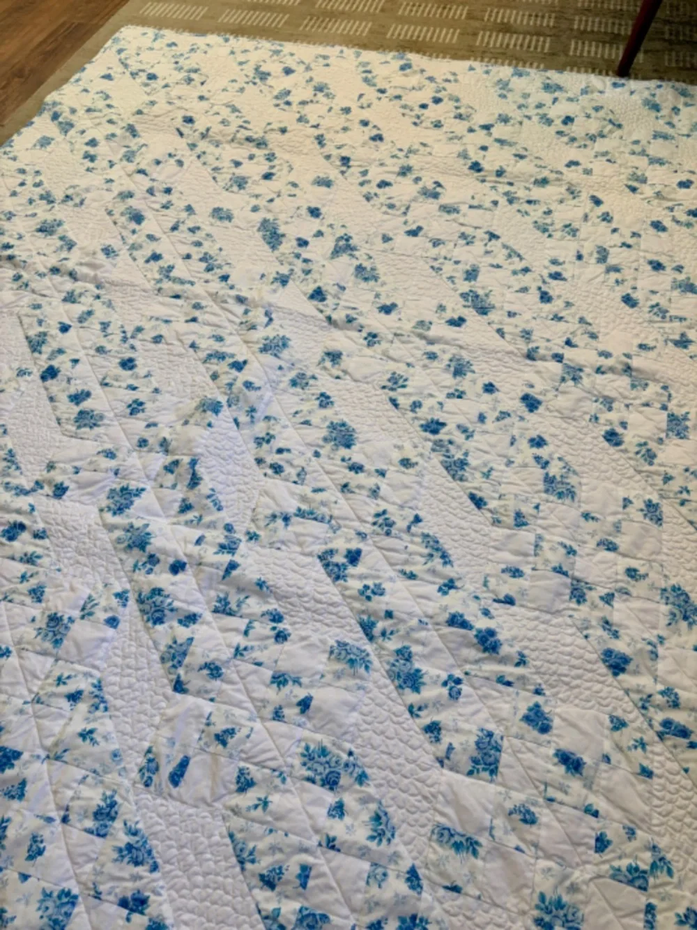 Handmade Jacob's Ladder Quilt Blue White Floral Throw Lap Quilt 58x69 Cotton